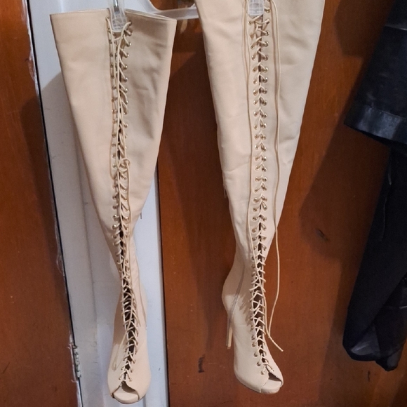Glaze Beige Lace-Up Over the Knee Boots - Picture 5 of 6